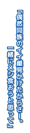 「偶然同族のイイ雌見かけたからさー。一緒にメシ食おうと思って」